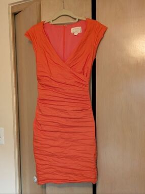 Women's Nicole Miller Atelier Orange Ruched V-Neck Dress Sz 10